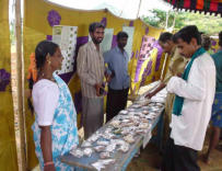 Banchetto per la vendita di semi originari durante la Festa Internazionale dei Semi al Centro Internazionale per lo Sviluppo Sostenibile AMRITA BHOOMI.